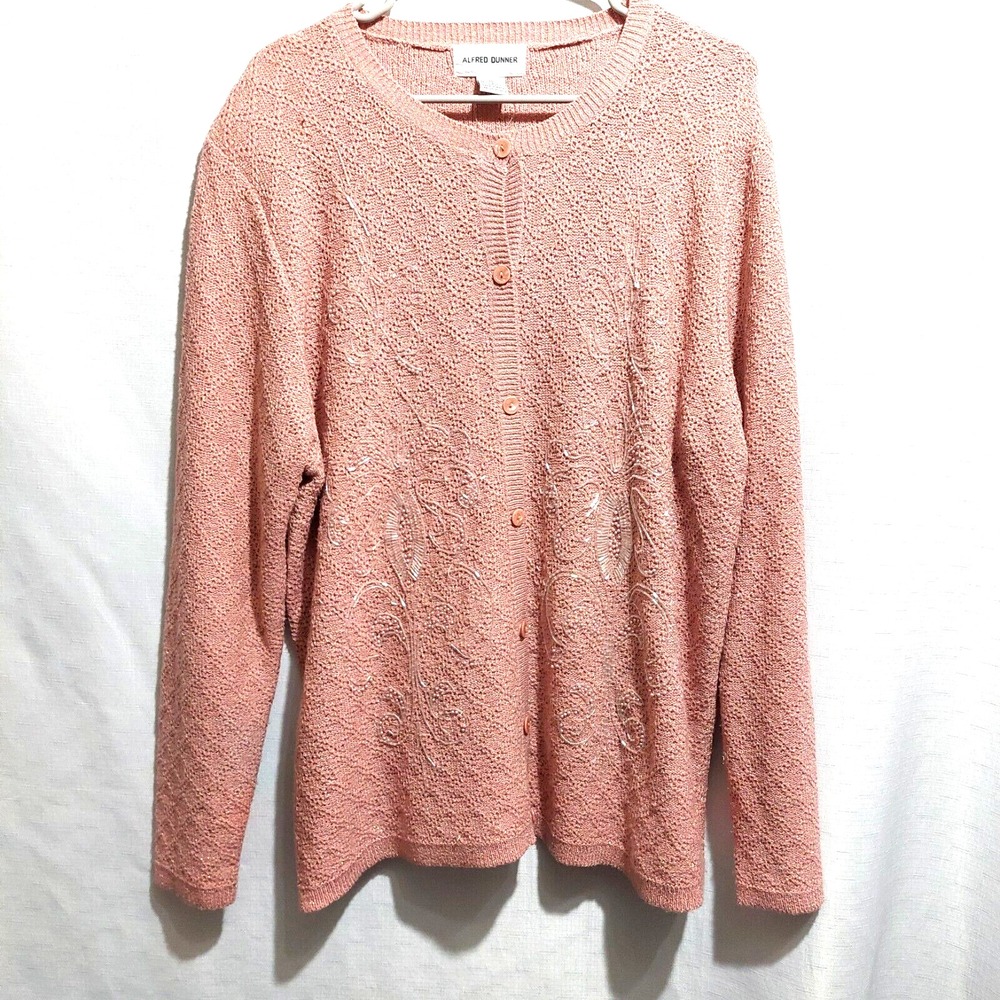 Alfred Dunner Womens XL Cardigan Sweater Beaded Long Sleeve Metallic Thread Pink